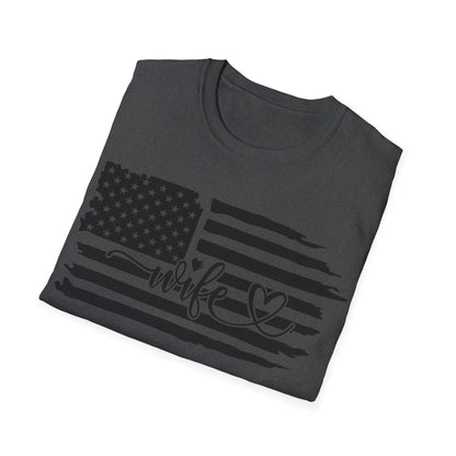 Close-up of distressed black and white American flag graphic on the unisex softstyle T-shirt’s chest, highlighting subtle