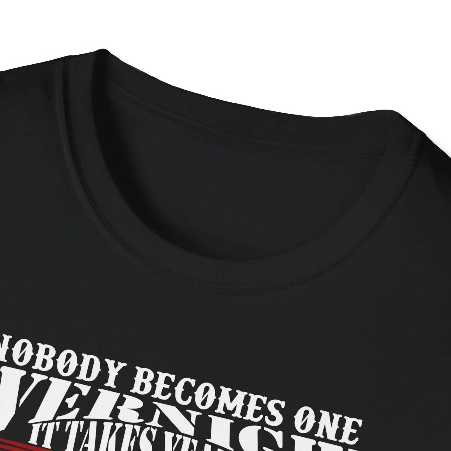 Close-up of the unisex fit tag sewn at the hem of the slate gray, relaxed-fit softstyle cotton T-shirt showcasing fabric