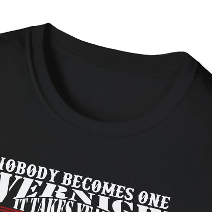 Close-up of the unisex fit tag sewn at the hem of the slate gray, relaxed-fit softstyle cotton T-shirt showcasing fabric