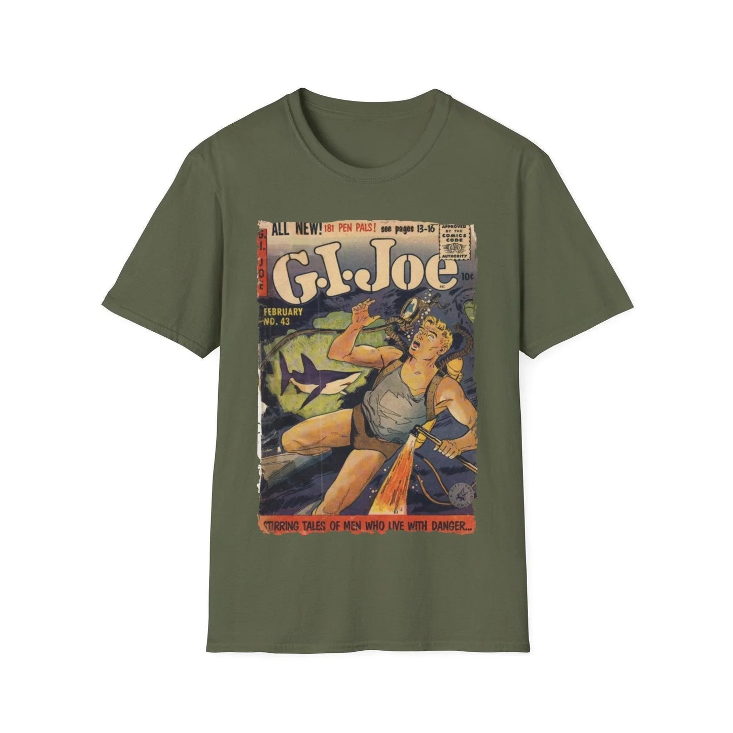 Close-up of the G.I. Joe No.43 softstyle T-shirt collar displaying the unisex relaxed fit, pastel mint color, and crew