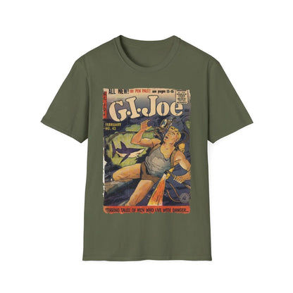 Close-up of the G.I. Joe No.43 softstyle T-shirt collar displaying the unisex relaxed fit, pastel mint color, and crew