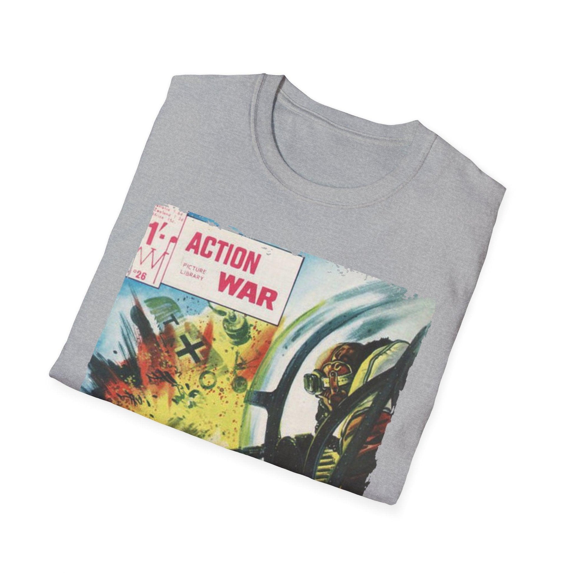 Close-up of the unisex softstyle T-shirt's white crew neckline with reinforced stitching and subtle fabric texture detail.