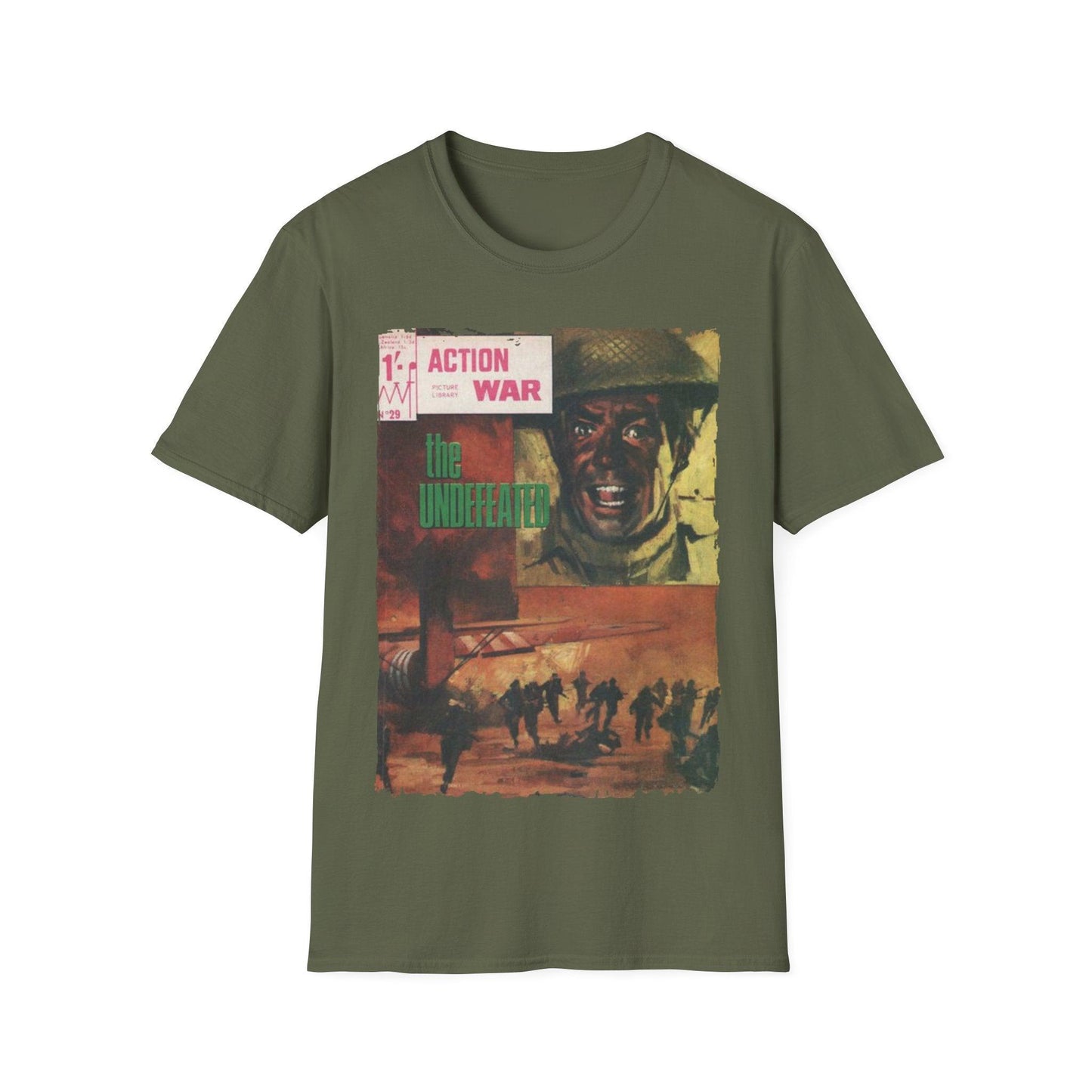 Close-up of the unisex softstyle T-shirt fabric displaying smooth texture and subtle heather pattern in slate blue color