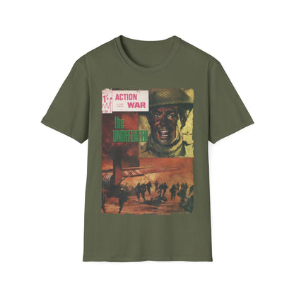 Close-up of the unisex softstyle T-shirt fabric displaying smooth texture and subtle heather pattern in slate blue color