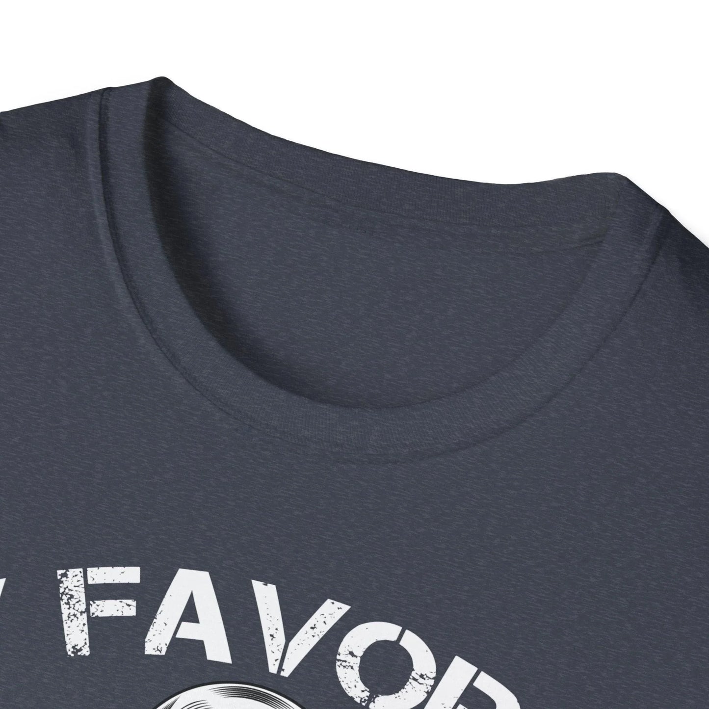 Close-up of the unisex softstyle fabric showing smooth texture and relaxed fit in charcoal gray with visible stitching