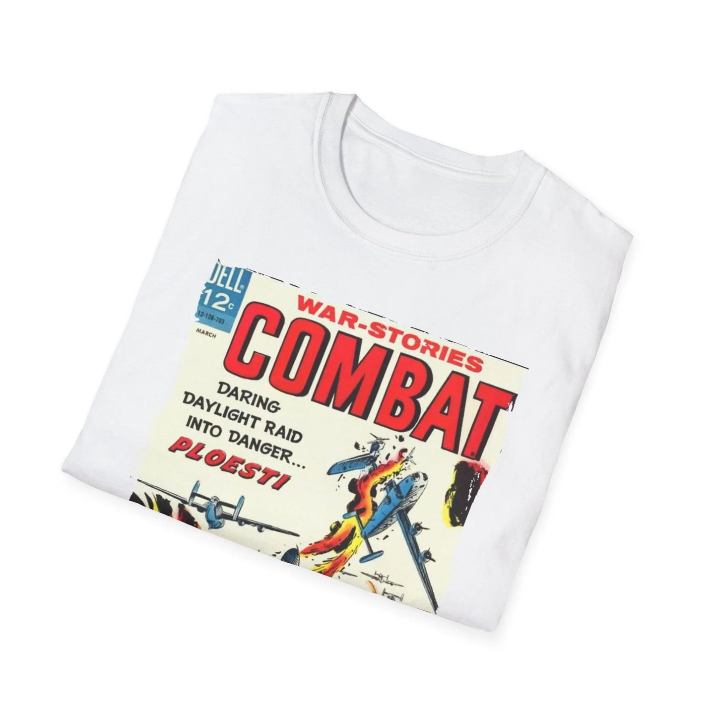 Close-up of the Combat March 1967 T-shirt's inside neck tag featuring branding and size info on soft cotton fabric, angled