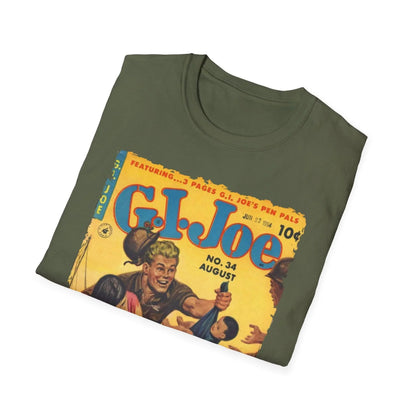 Close-up of the G.I. Joe No.34 T-shirt’s fabric texture and subtle heather pattern on the relaxed fit, crew neckline, and