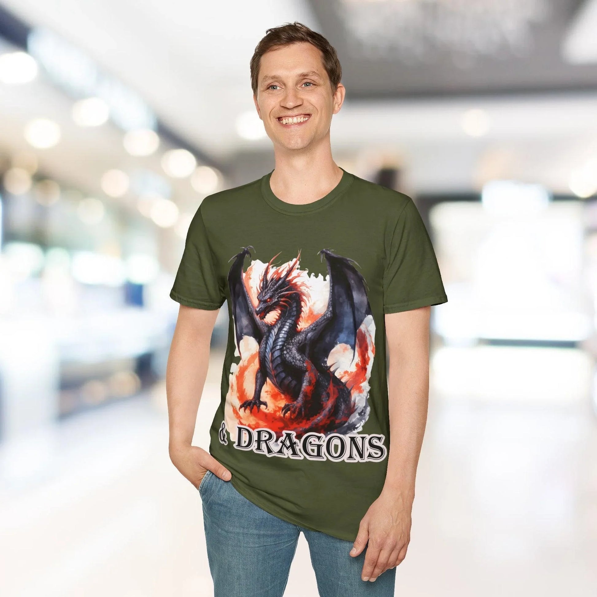 Close-up of the unisex softstyle fabric showing smooth, relaxed fit in deep navy with visible stitching detail and subtle