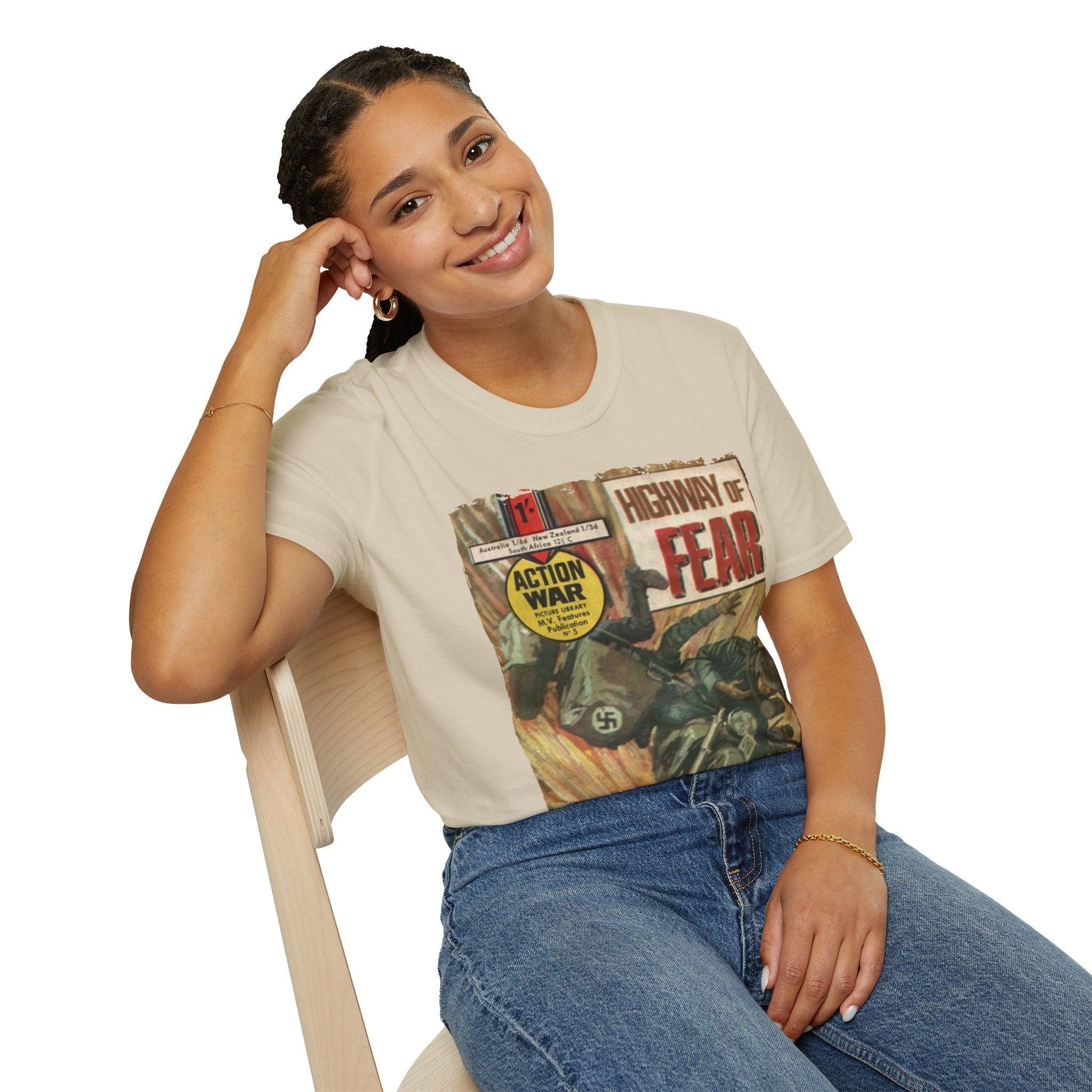 Close-up of the relaxed fit, heather navy cotton fabric highlighting the soft texture and subtle pattern detail at a slight