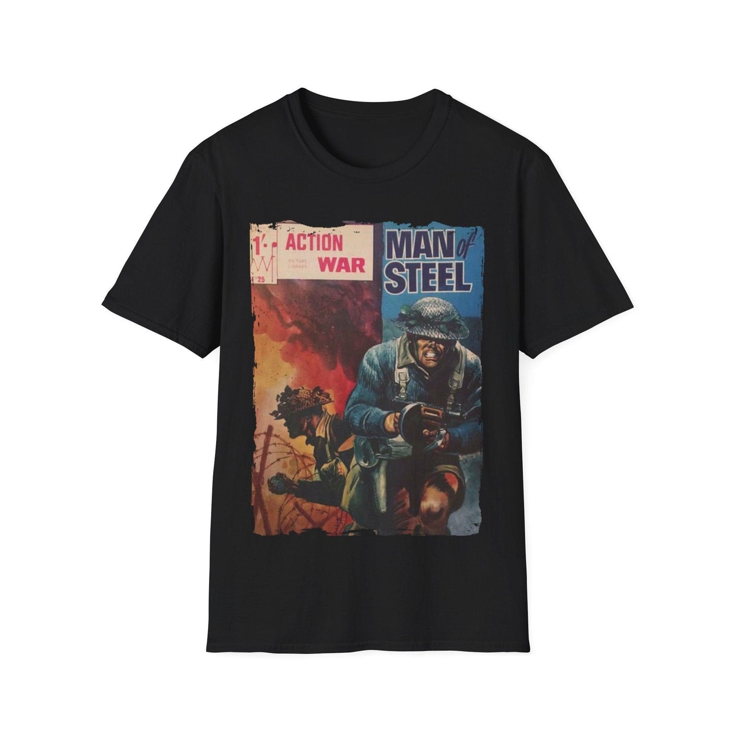 Printify Action War #25 unisex softstyle cotton T-shirt with crew neck, regular fit, in vibrant color featuring bold graphic