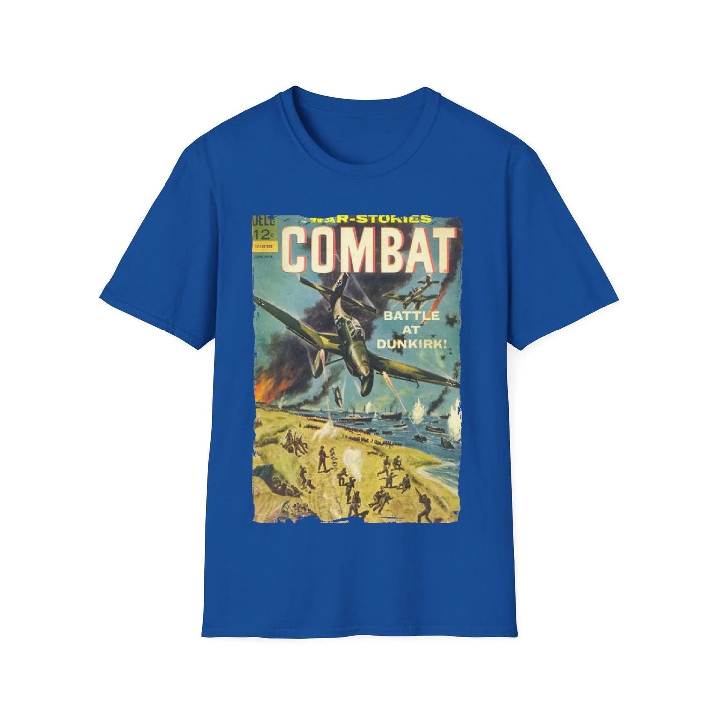 Close-up of the Combat March 1965 unisex softstyle T-shirt’s vibrant front graphic, showing detailed distressed print and