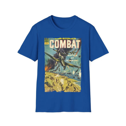Close-up of the Combat March 1965 unisex softstyle T-shirt’s vibrant front graphic, showing detailed distressed print and