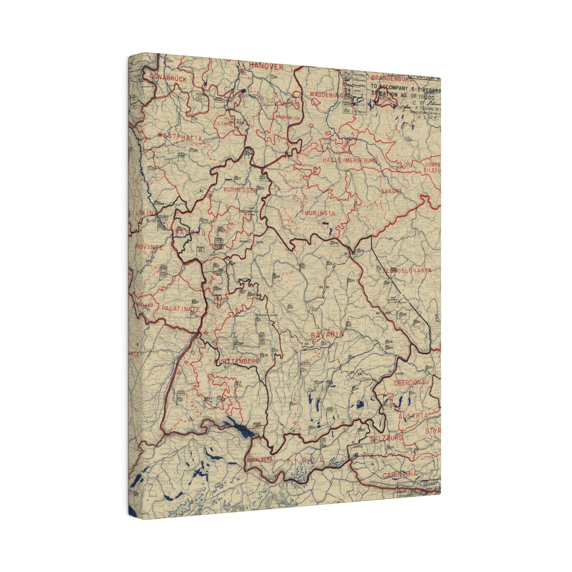 Close-up of the detailed 11 July 1945 battle positions highlighted with crisp linework on textured canvas, showing vintage