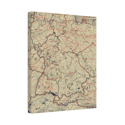 Close-up of the detailed 11 July 1945 battle positions highlighted with crisp linework on textured canvas, showing vintage