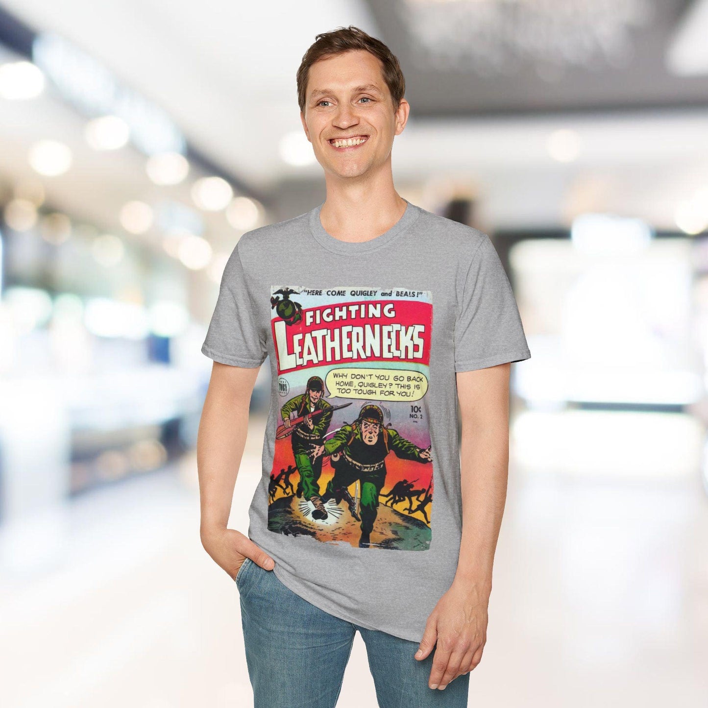 Close-up of the Fighting Leathernecks #2 unisex softstyle T-shirt’s navy fabric showing detailed print texture and subtle