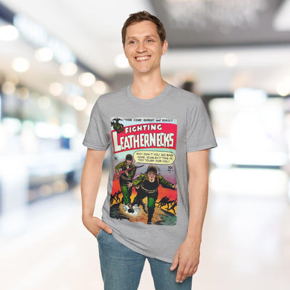 Close-up of the Fighting Leathernecks #2 unisex softstyle T-shirt’s navy fabric showing detailed print texture and subtle