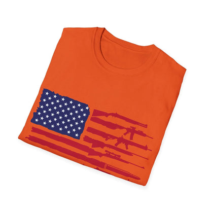 Close-up of the American flag guns graphic on the chest area, showcasing vibrant colors and detailed print on soft black