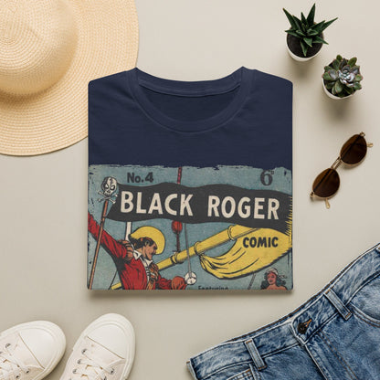 Close-up of the black unisex T-shirt's collar and neckline stitching, showcasing smooth seam details and fabric texture.