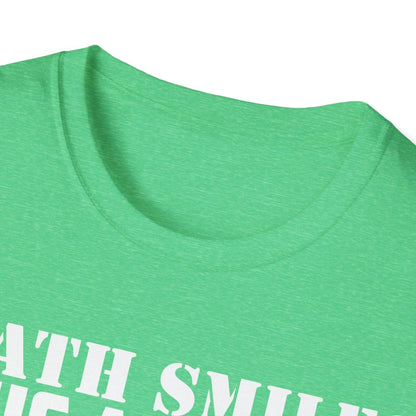 Close-up of the soft, heathered charcoal fabric showing subtle texture and relaxed fit neckline of the Death Smiles unisex