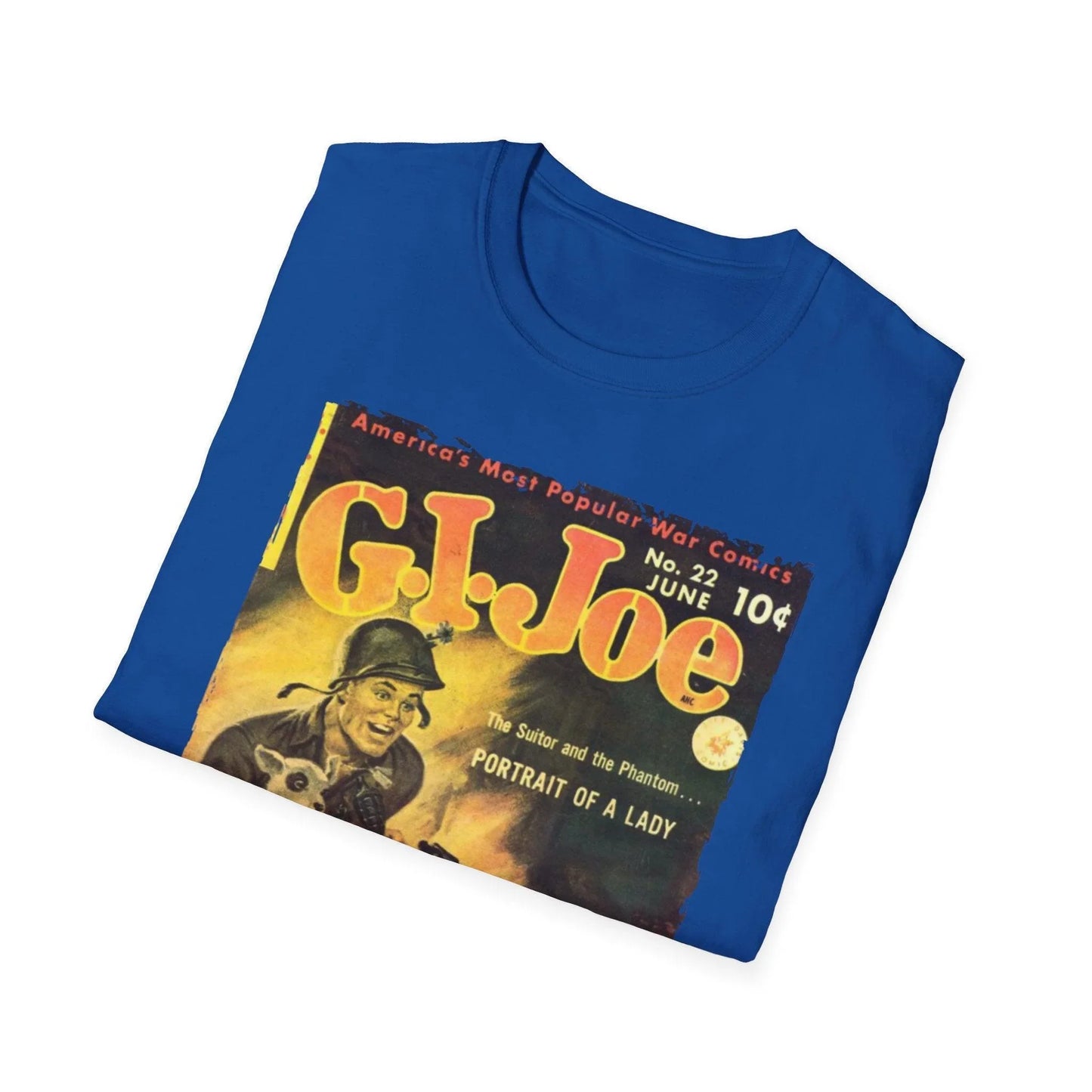Close-up of the G.I. Joe No.22 unisex softstyle T-shirt’s navy fabric showing subtle texture and relaxed fit at the sleeve