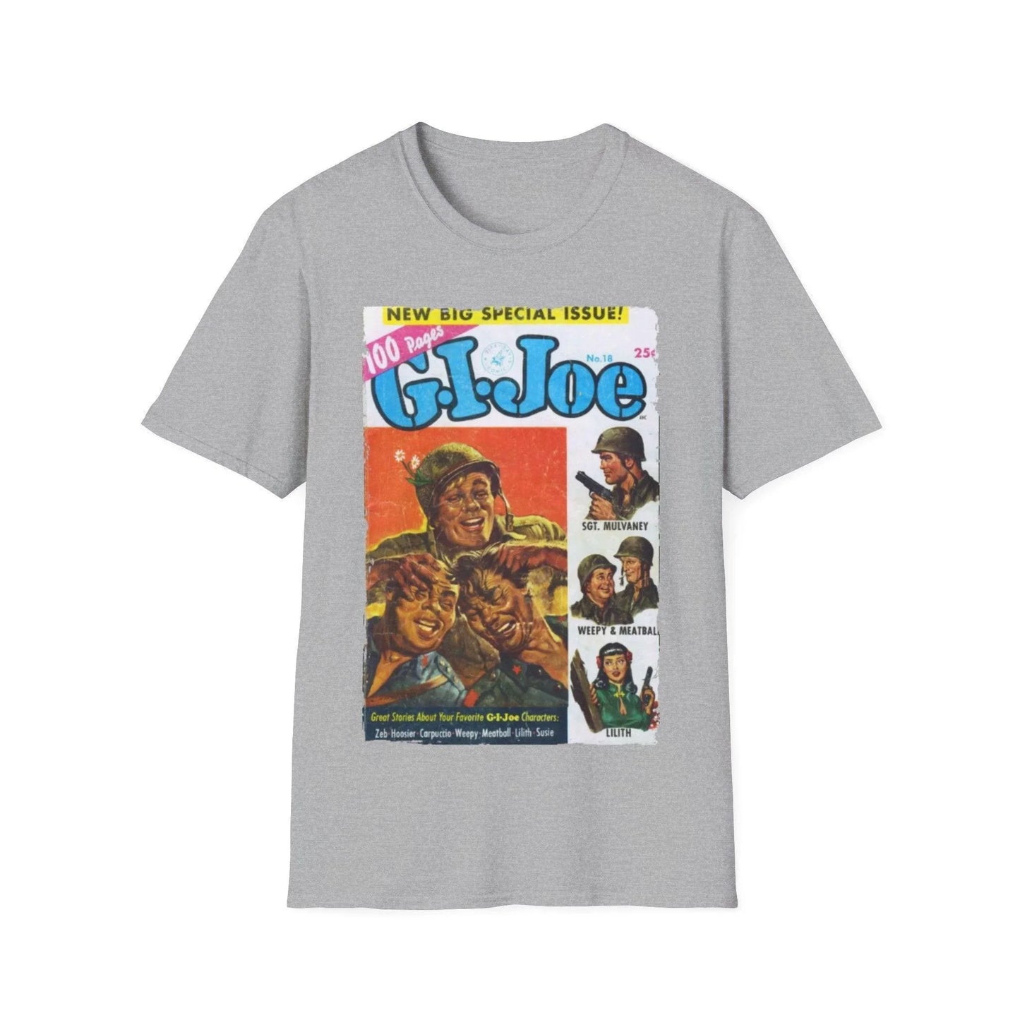 Close-up of the G.I. Joe No.18 T-shirt fabric showing the heathered grey texture and visible crew neckline stitching detail.