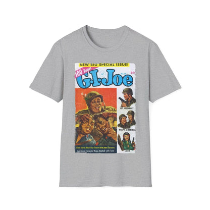 Close-up of the G.I. Joe No.18 T-shirt fabric showing the heathered grey texture and visible crew neckline stitching detail.