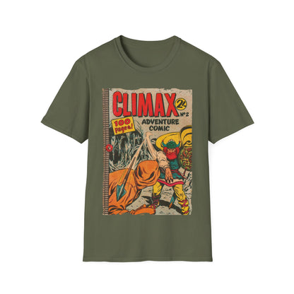 Close-up of the Climax No.2 T-shirt's soft cotton fabric showing subtle heather texture and the relaxed fit neckline from a