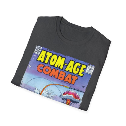 Close-up of the Atom-Age Combat No.2 T-shirt’s black fabric texture and subtle printed neckline detail from a front angled