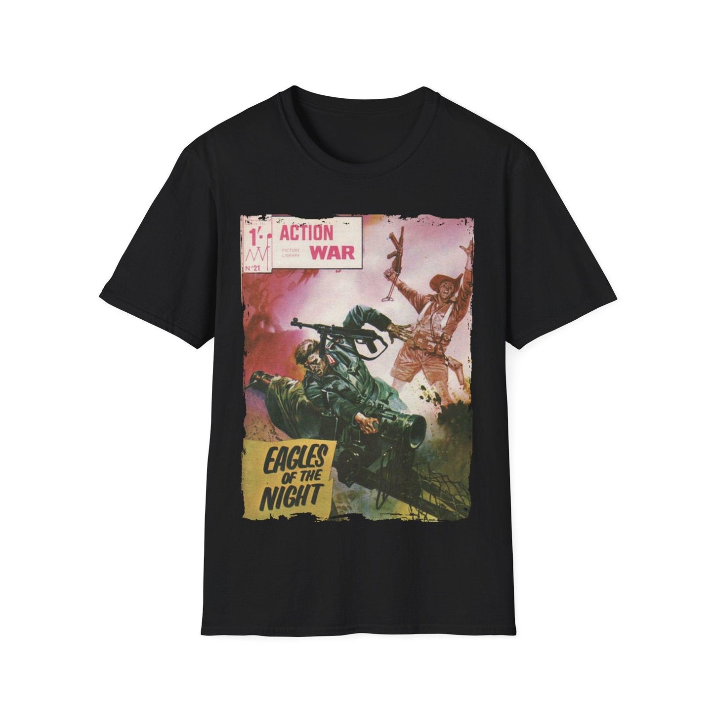Printify Action War #21 unisex regular fit softstyle cotton T-shirt in black with crew neck and DTG printed graphic design