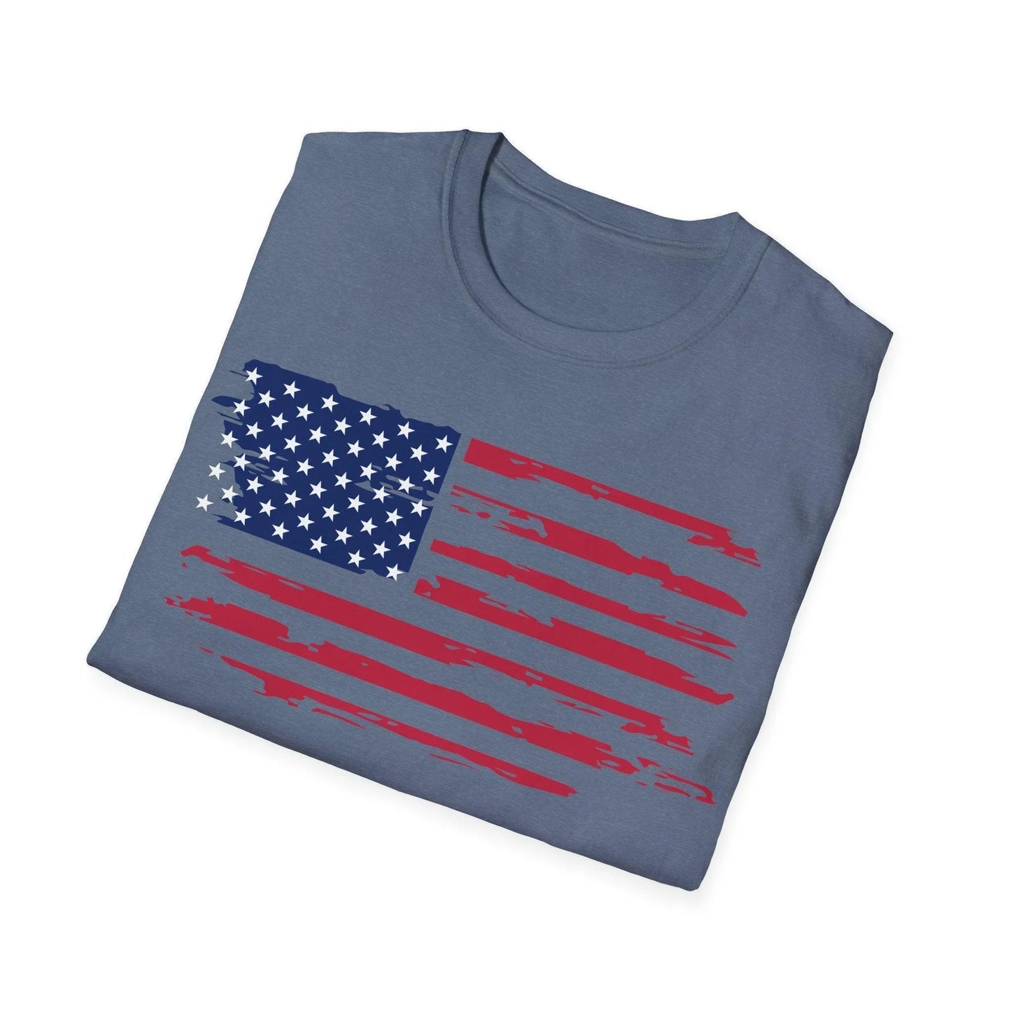 Close-up of distressed American flag print on soft cotton fabric, highlighting the faded, vintage-inspired design on the