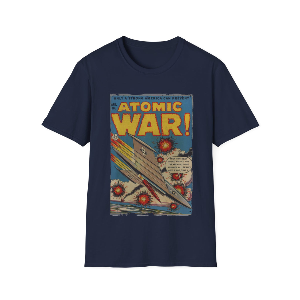 Close-up of the Atomic War! No 4 unisex softstyle T-shirt's navy fabric displaying subtle heather texture and reinforced