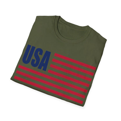 Detail shot of the American flag USA color tee's soft cotton fabric and finely stitched neckline from a slightly elevated