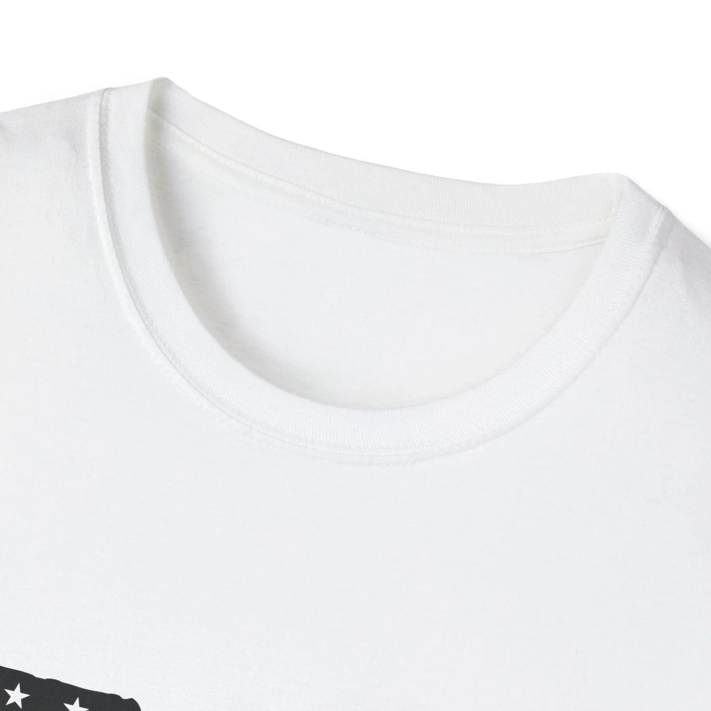 Close-up of the American Flag Guns B&W unisex softstyle T-shirt's fabric texture and black-and-white star pattern at the