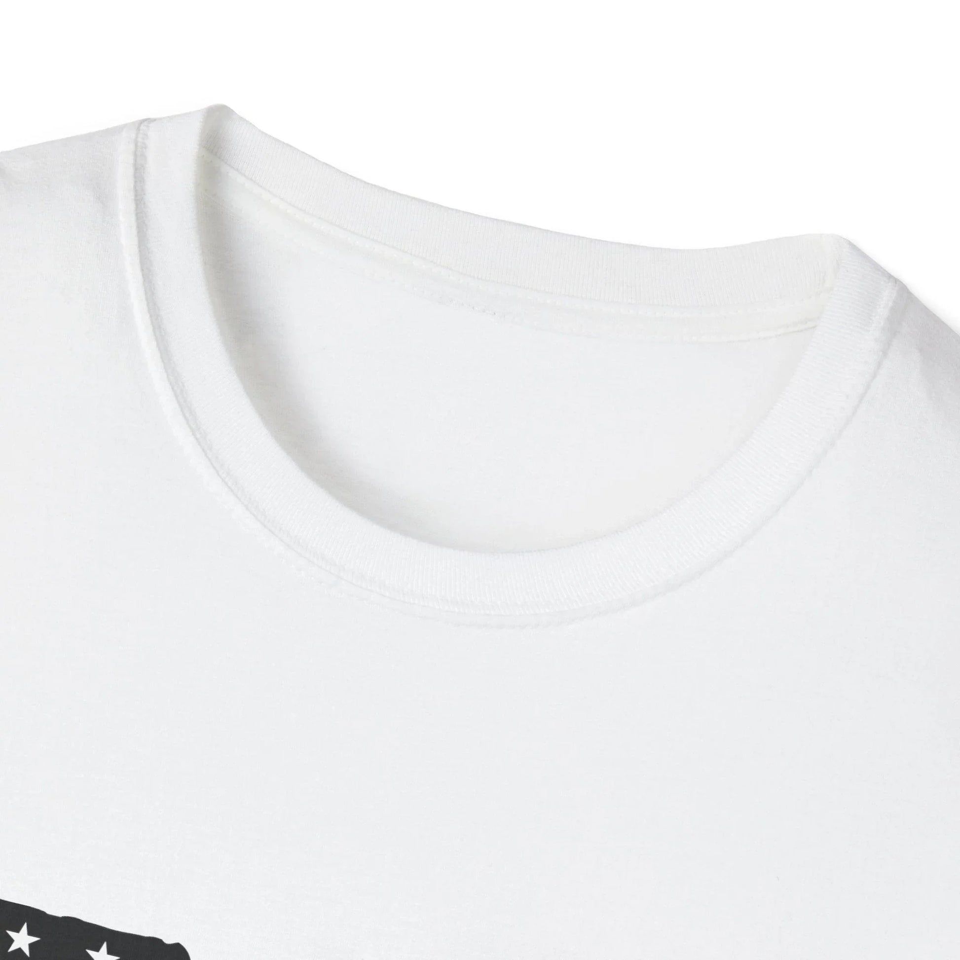Close-up of the American Flag Guns B&W unisex softstyle T-shirt's fabric texture and black-and-white star pattern at the