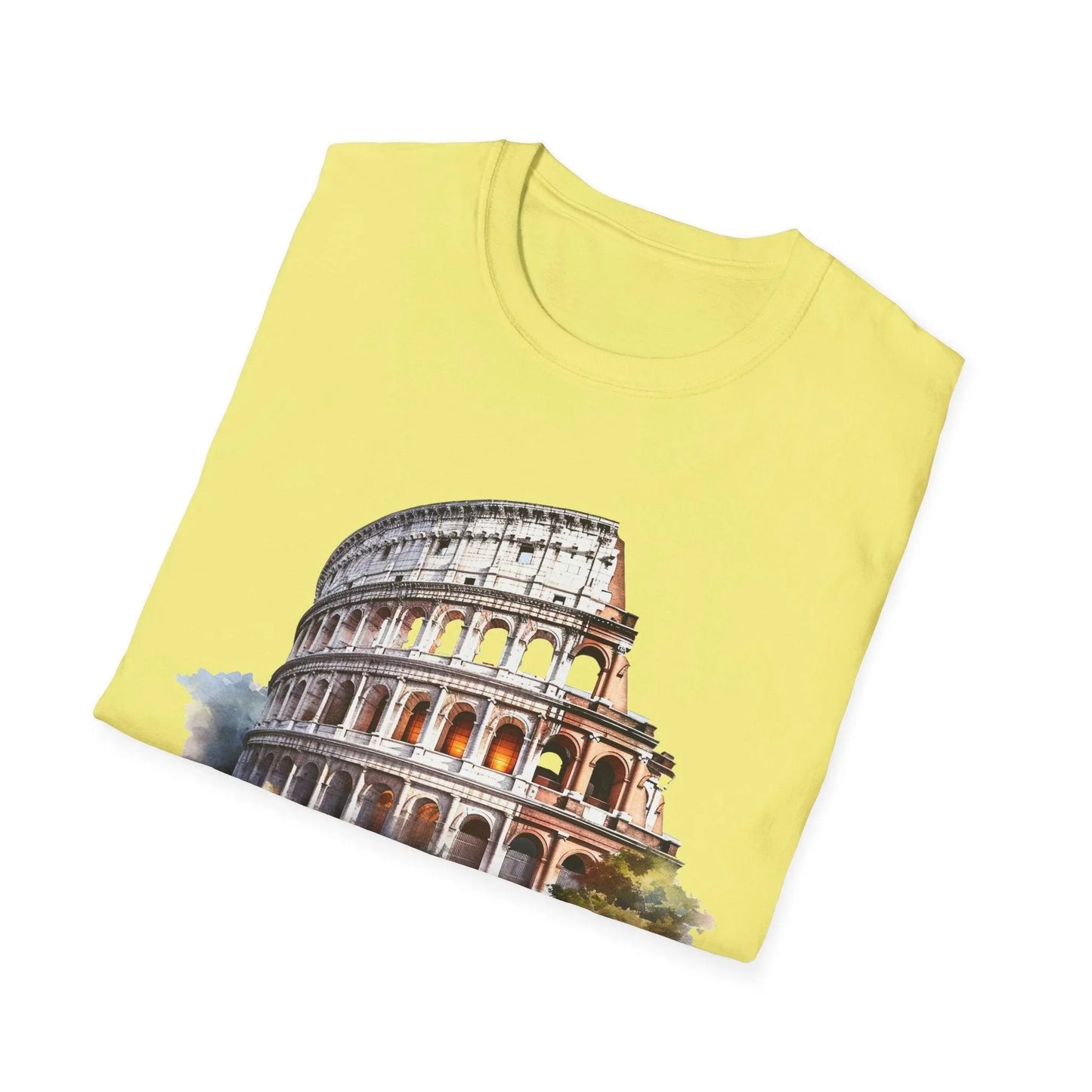 Close-up of the unisex softstyle T-shirt label sewn inside neckline, revealing fabric composition and subtle stitching