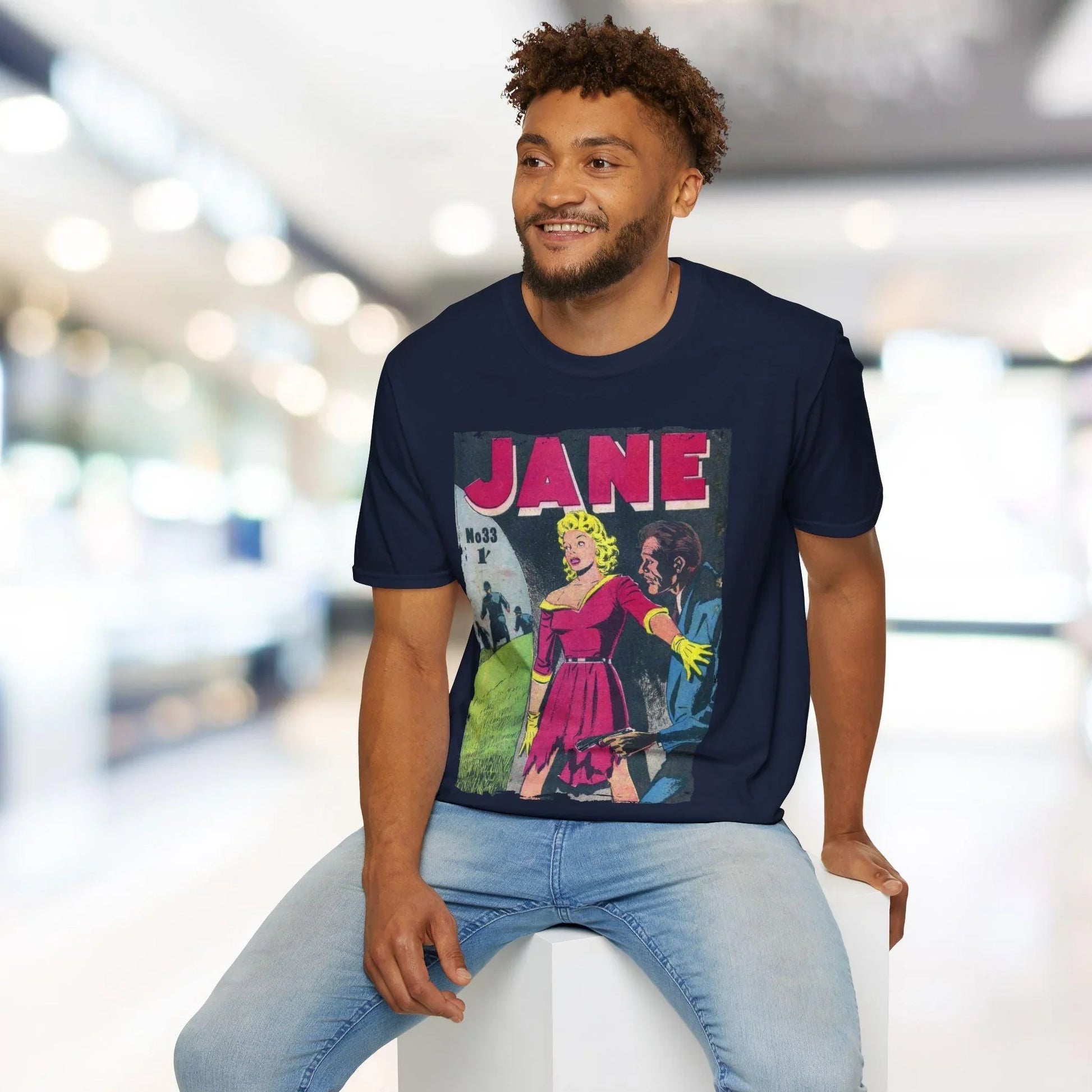 Close-up of the Jane No.33 unisex softstyle T-shirt collar showing soft cotton fabric and neat stitched neckline detail.