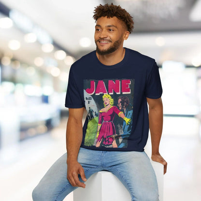 Close-up of the Jane No.33 unisex softstyle T-shirt collar showing soft cotton fabric and neat stitched neckline detail.