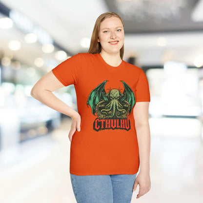 Close-up of Cthulhu graphic detail on black relaxed-fit unisex t-shirt’s chest area, highlighting vibrant print on soft