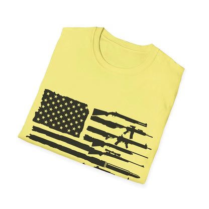 Close-up of the black and white American flag design on the front chest area, highlighting the soft cotton fabric and slim