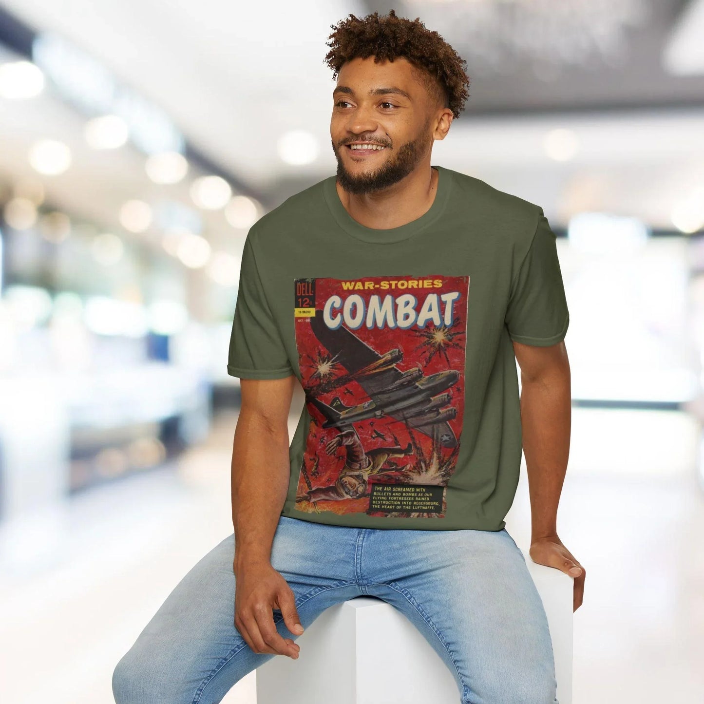 Close-up of the Combat Dec 1962 unisex softstyle T-shirt’s neckline stitching and subtle fabric texture at the collar edge.