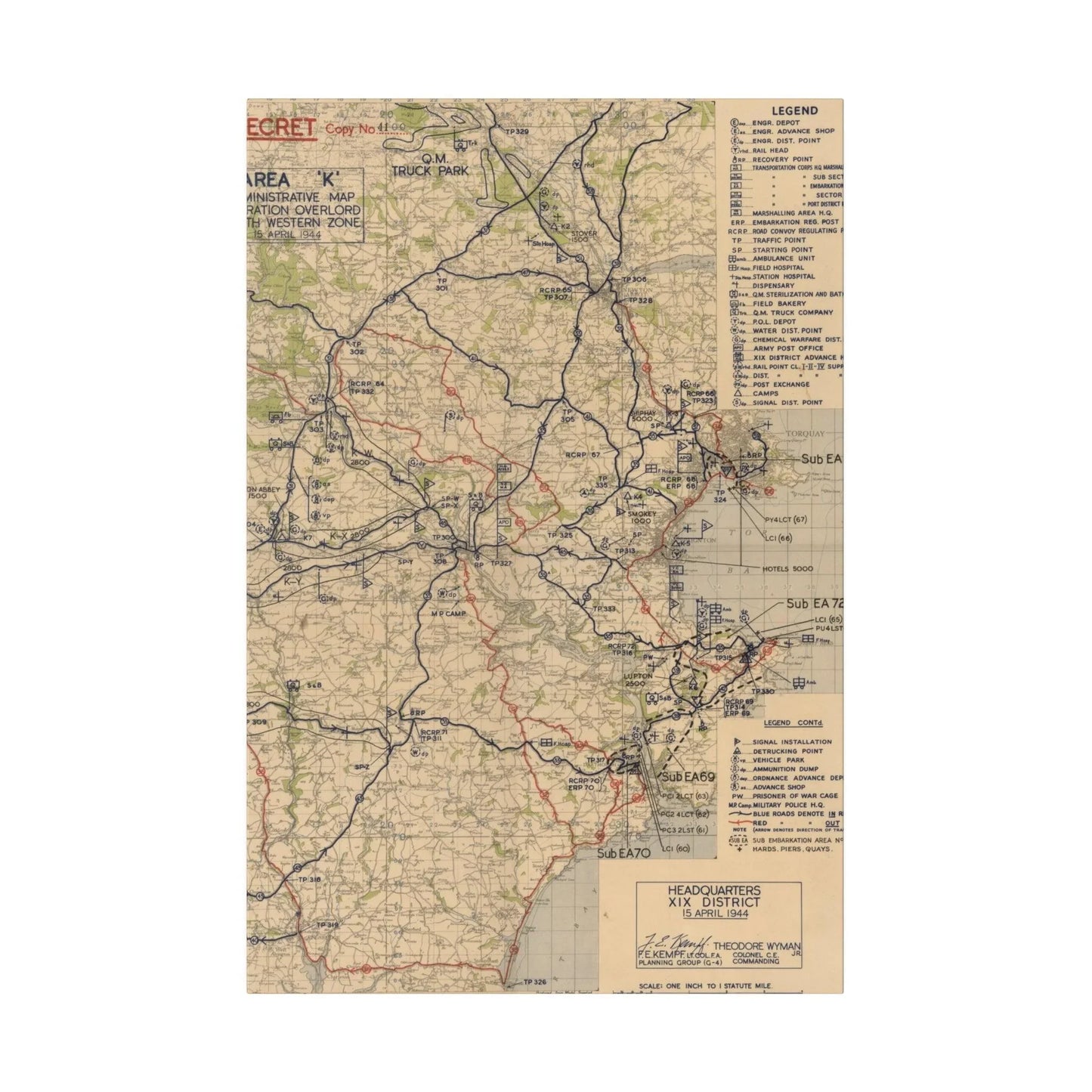 Close-up of detailed map markings and handwritten annotations on the southwestern zone of Operation Overlord, April 15, 1944.