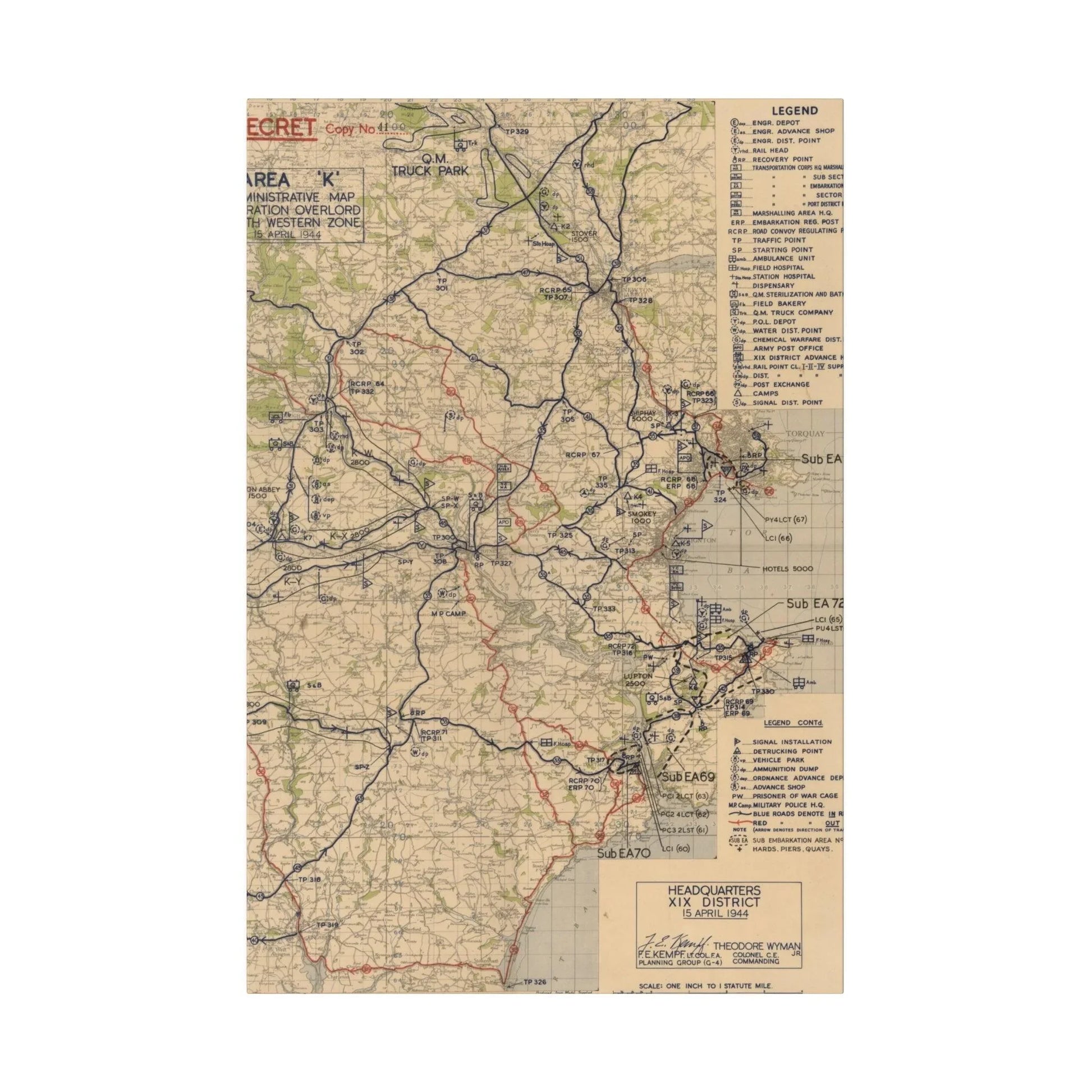 Close-up of detailed handwritten annotations on the southwestern zone section of the Operation Overlord map, highlighting