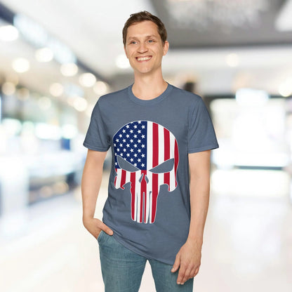 Close-up of the American Skull Flag graphic on the chest front of the unisex softstyle T-shirt, highlighting detailed print