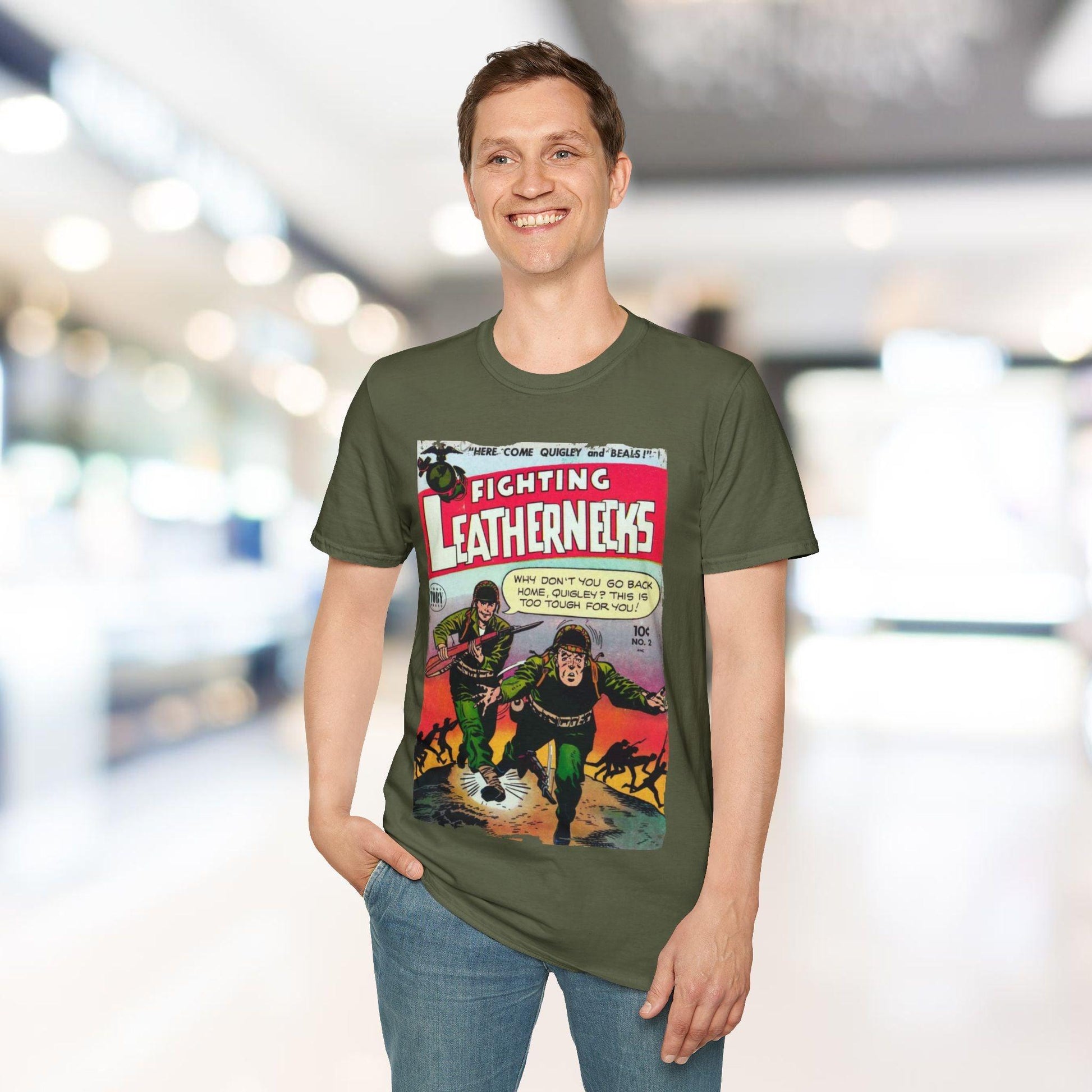 Close-up of the Fighting Leathernecks #2 graphic print on the chest area, showcasing the detailed distressed design on the