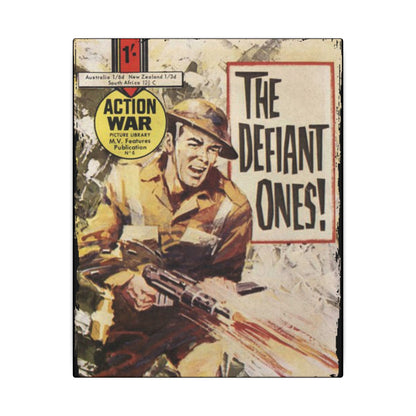 Close-up of the textured canvas surface featuring subtle brushstroke details and vibrant color edges from the action scene.