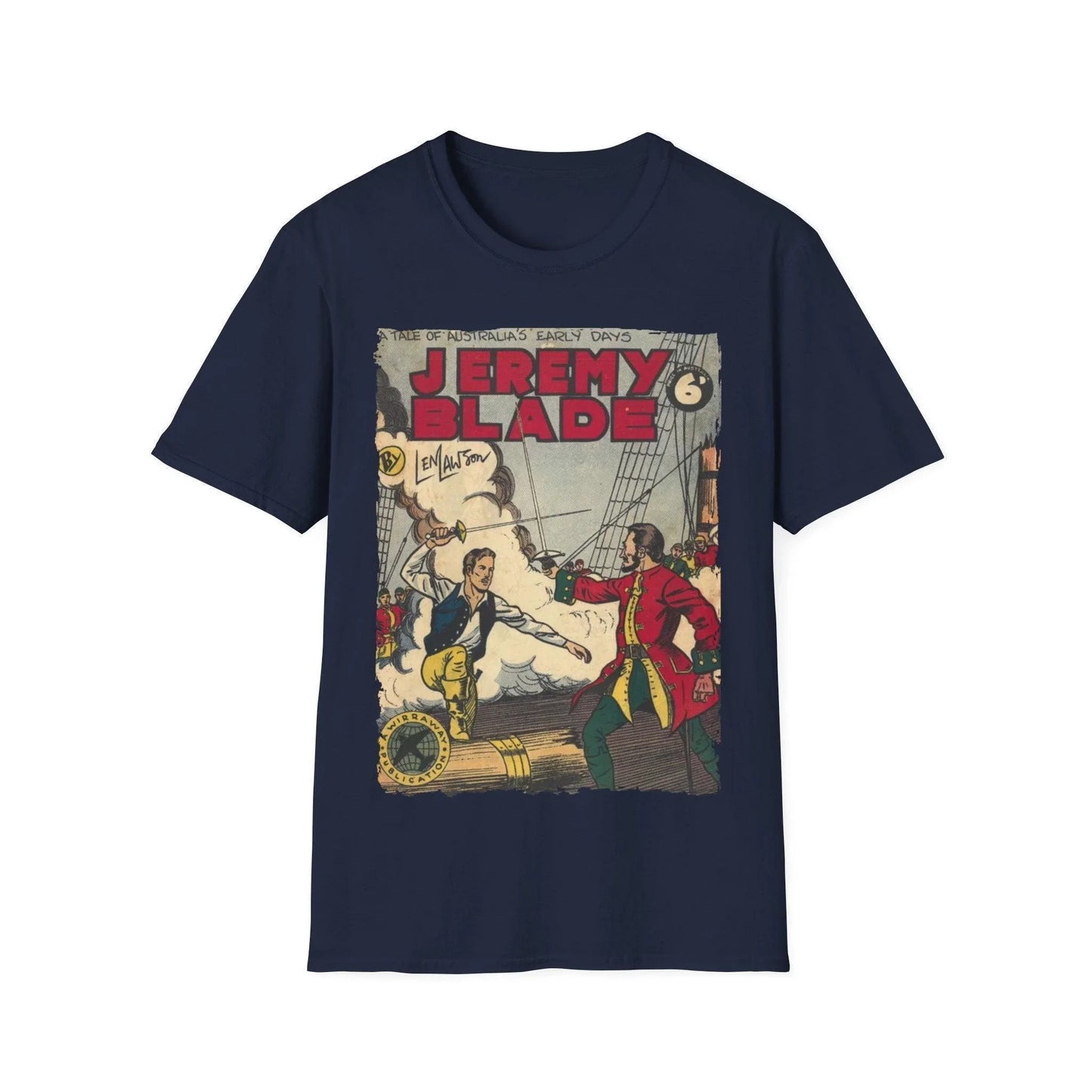 Close-up of Jeremy Blade unisex softstyle T-shirt label sewn near sleeve, showing fabric composition and tag stitching