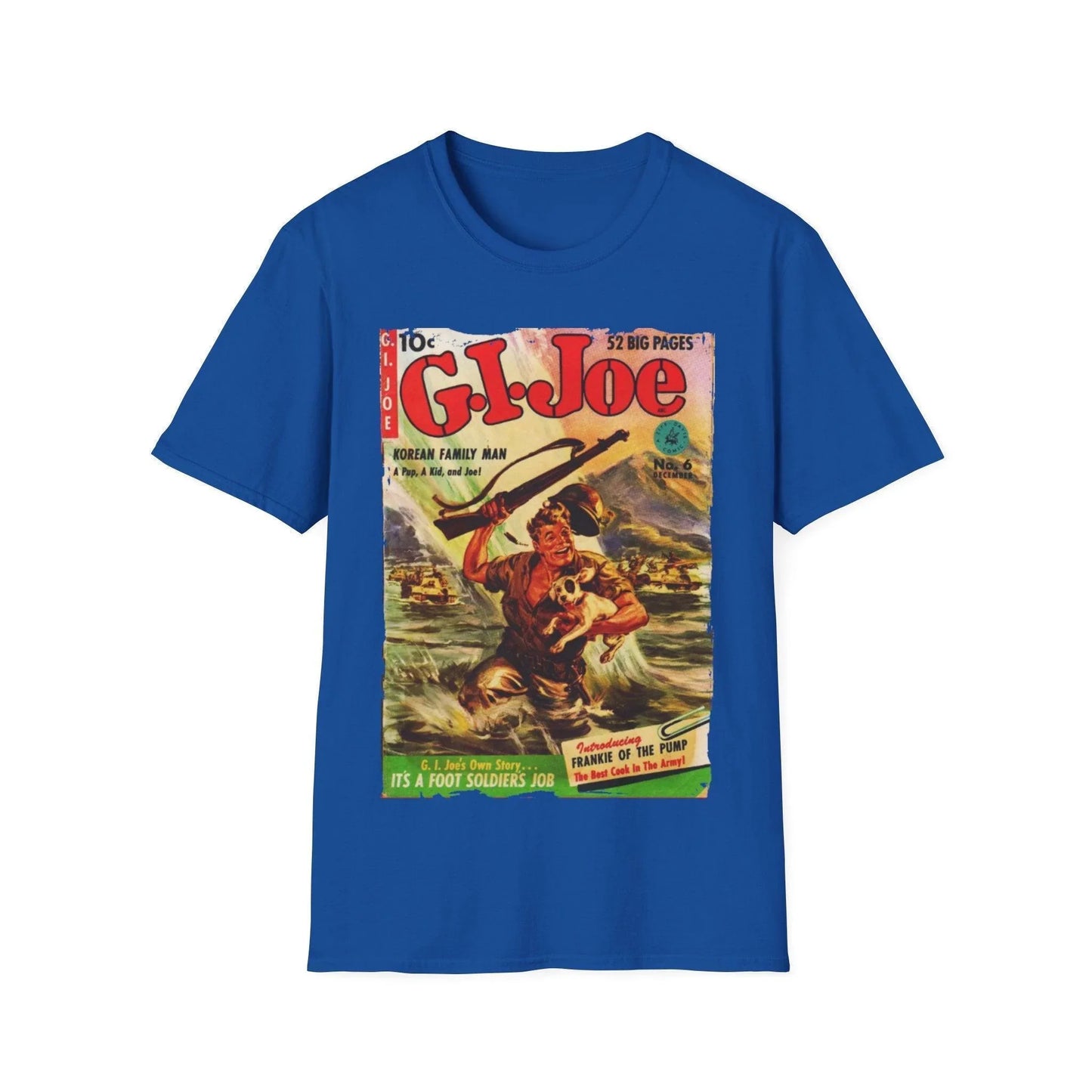 Close-up of the G.I. Joe No.6 unisex softstyle T-shirt’s fabric texture and relaxed fit in bold navy blue, highlighting
