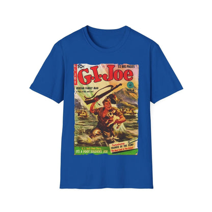 Close-up of the G.I. Joe No.6 unisex softstyle T-shirt’s fabric texture and relaxed fit in bold navy blue, highlighting