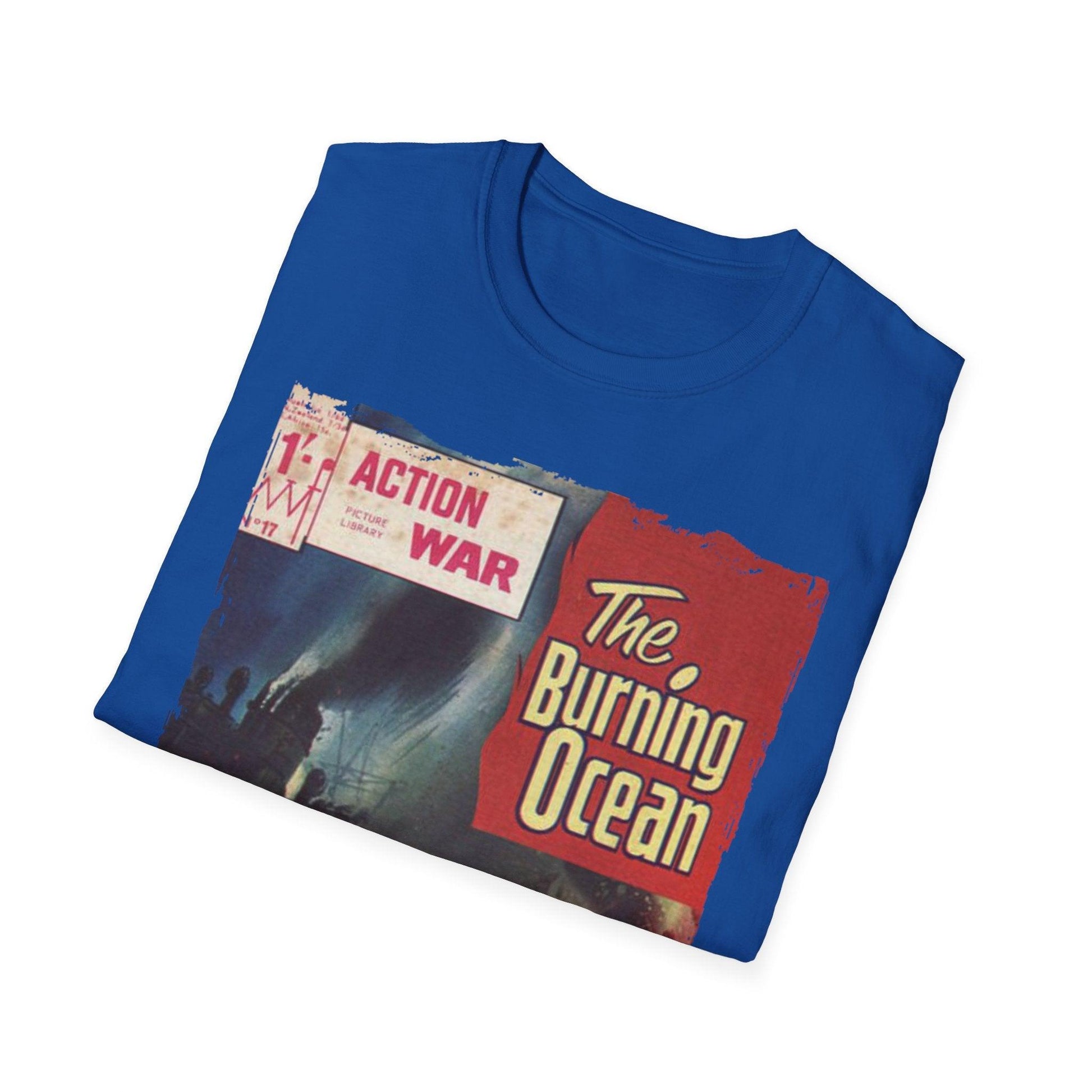 Close-up of the unisex softstyle T-shirt’s neckline and sleeve seam, showcasing the smooth fabric and relaxed fit in vibrant