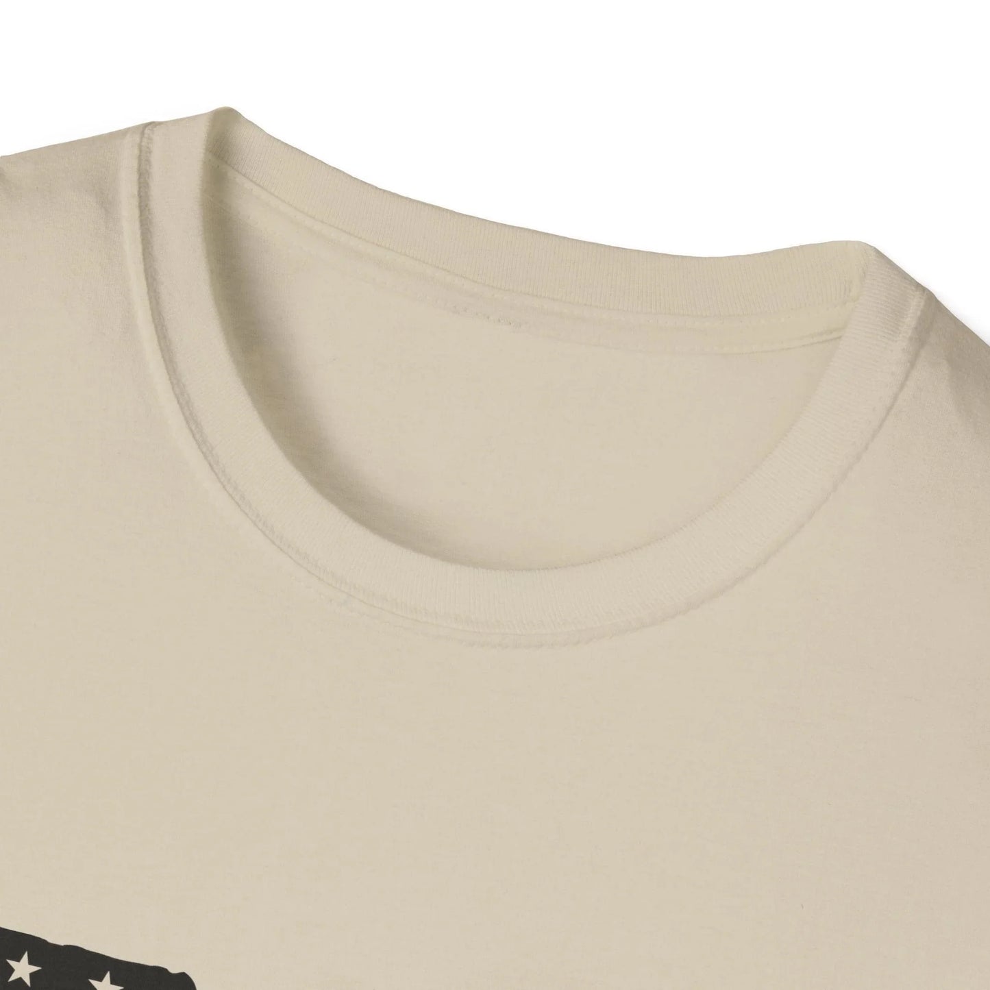 Close-up of black and white American flag gun graphic on the chest of the unisex softstyle T-shirt with crew neckline and